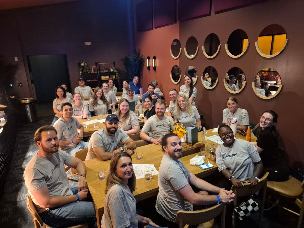 Group posing for a photo in a restaurant